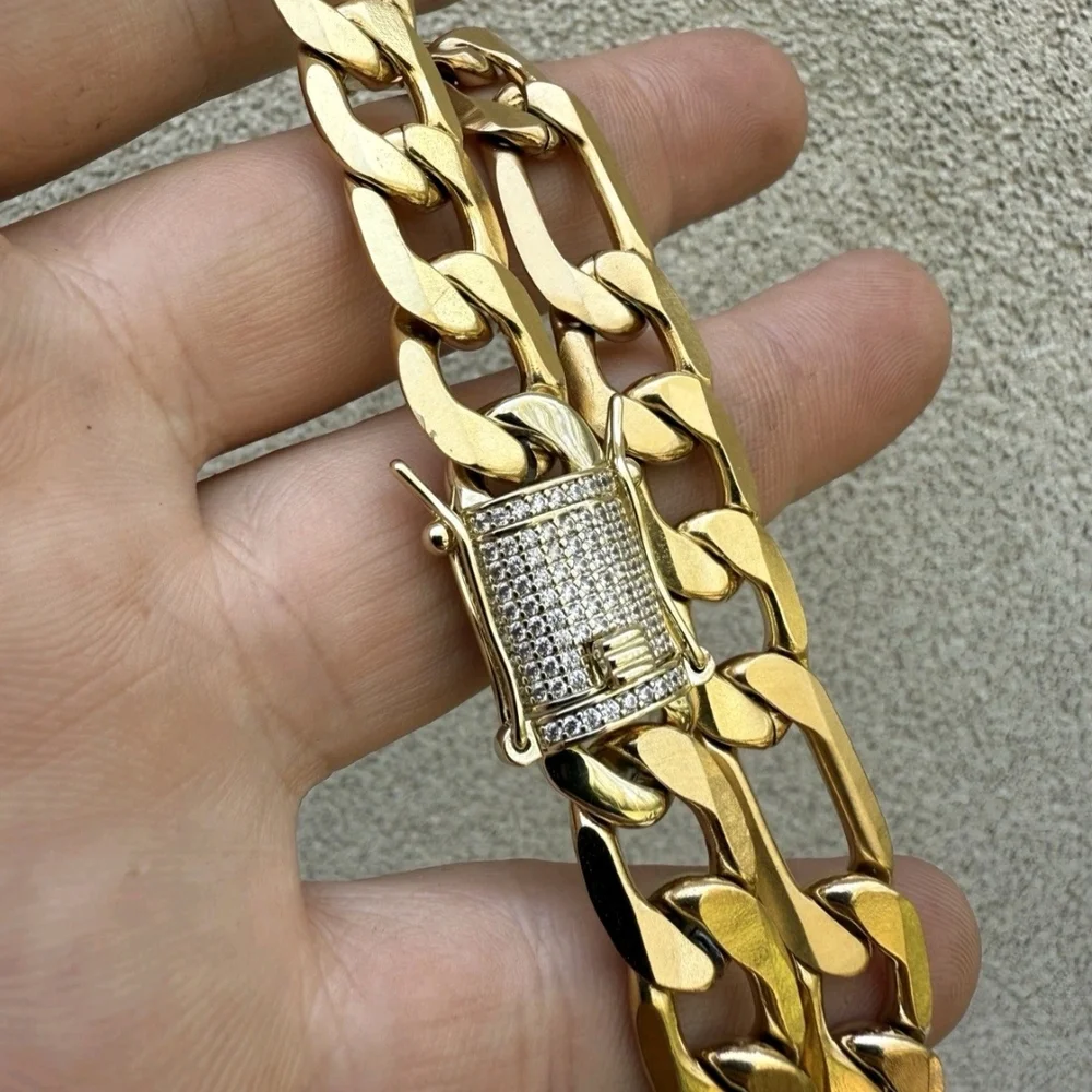 14k Gold Plated Steel 12mm Figaro Chain W. Iced CZ Clasp 30” Chain